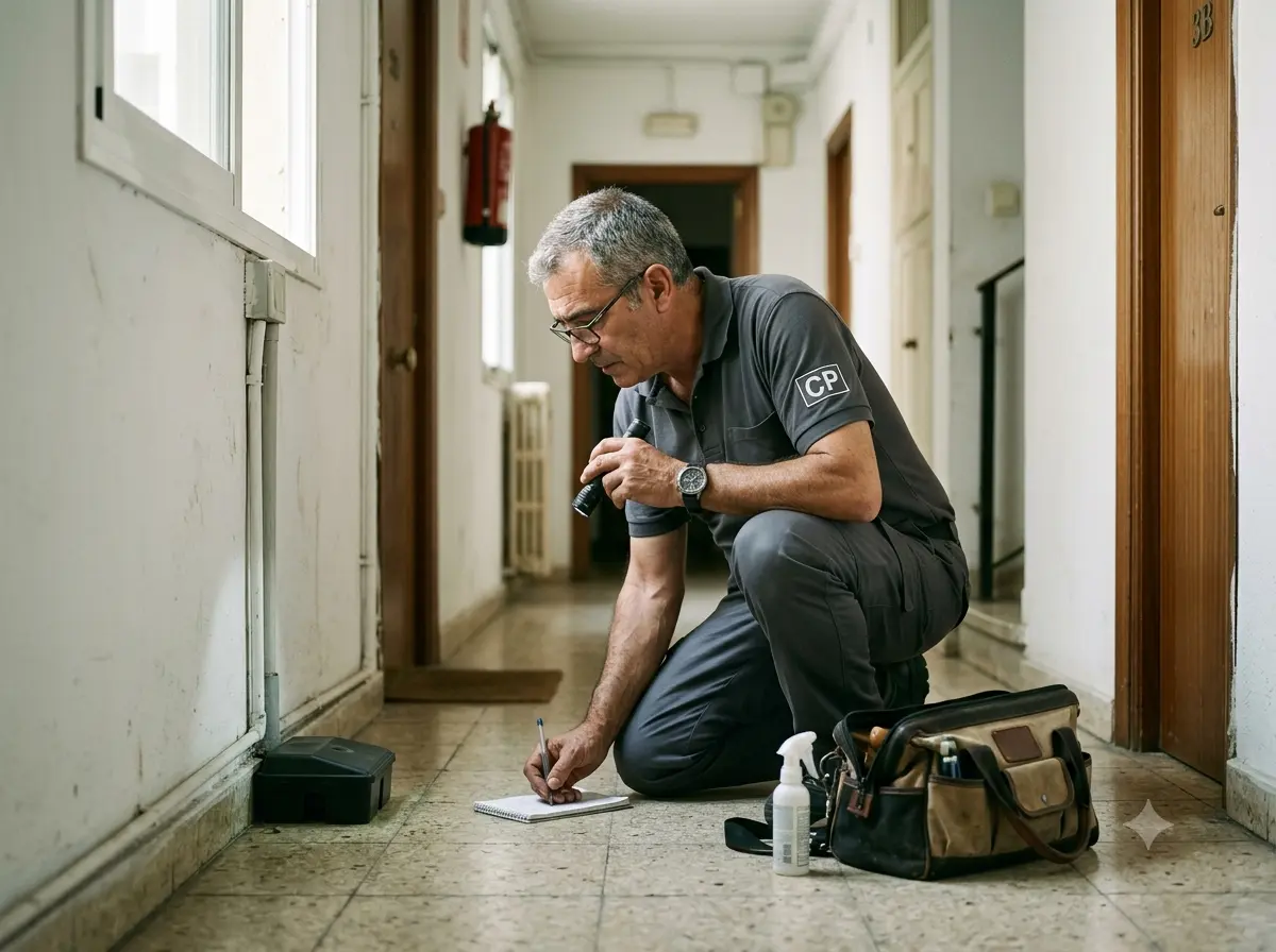 Profesional del control de plagas inspeccionando una vivienda en Villaverde